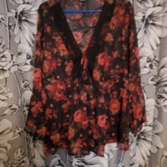 Babydoll Chiffon Lurex Crochet Detail Lace-Up Blouse - Picture 2 of 5